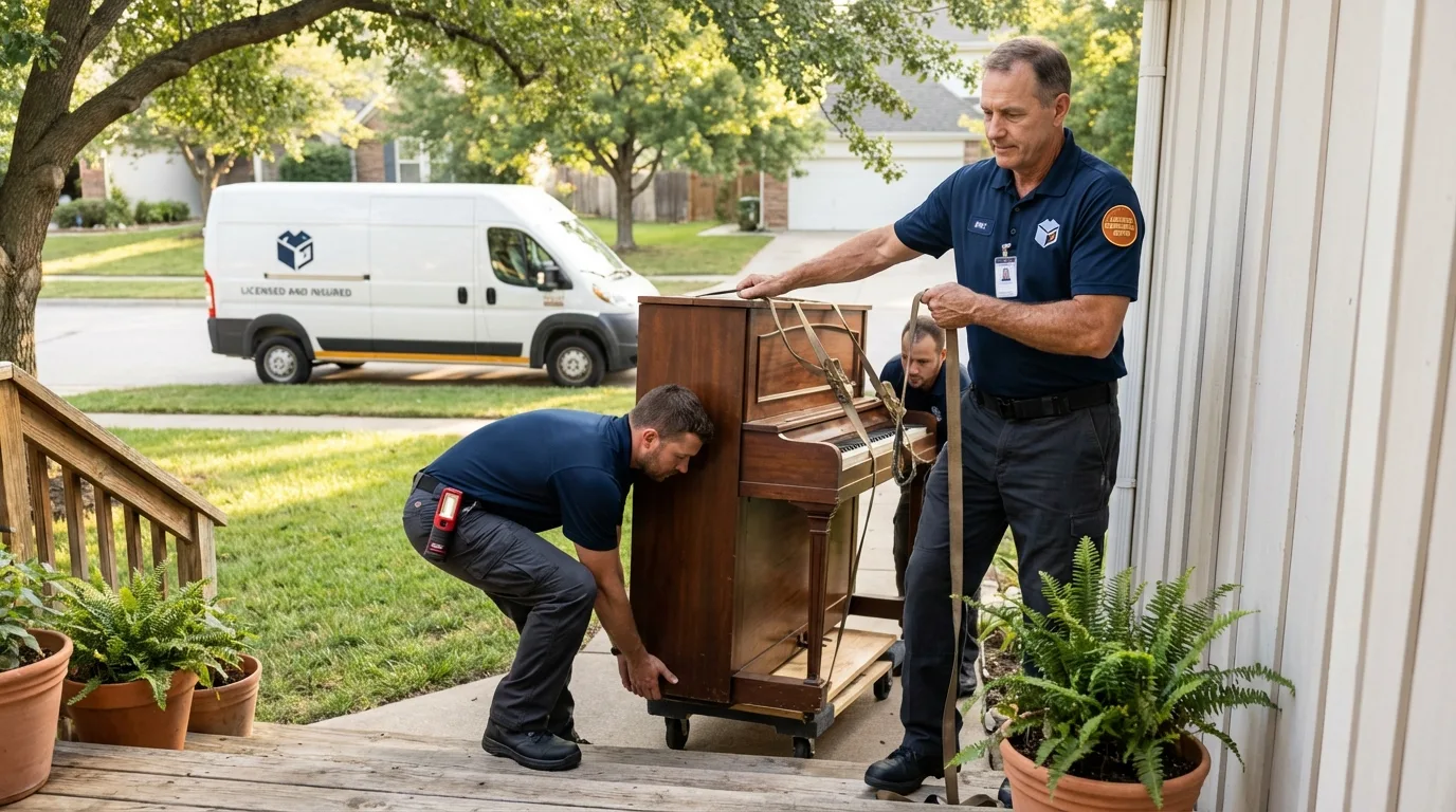 Licensed piano movers securing grand piano in West Valley City, UT