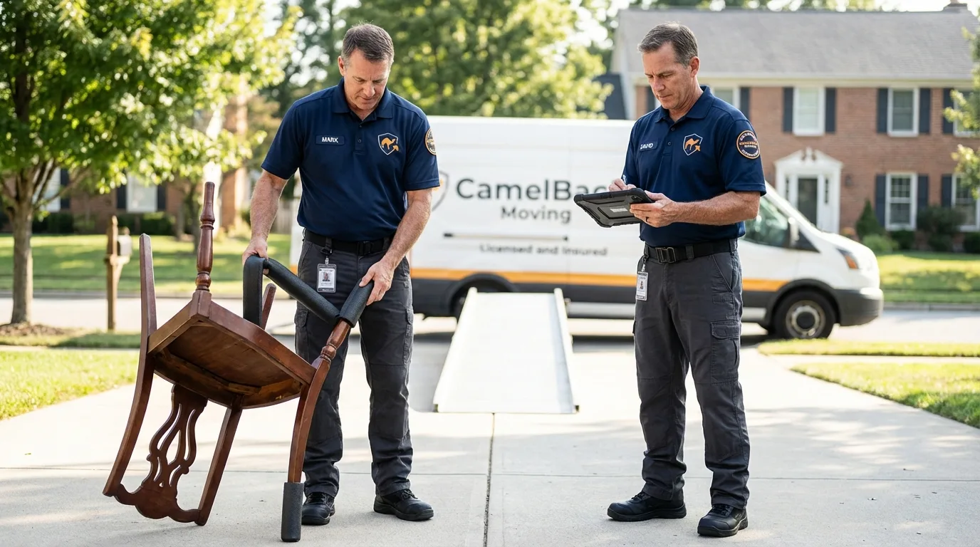 Movers inspecting furniture for damage prevention before loading in West Valley City, UT