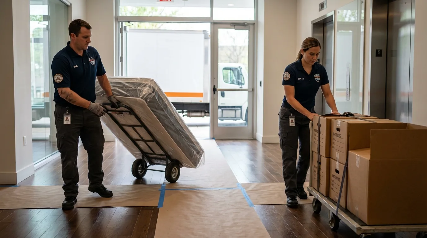 Professional apartment movers loading elevator in West Valley City, UT