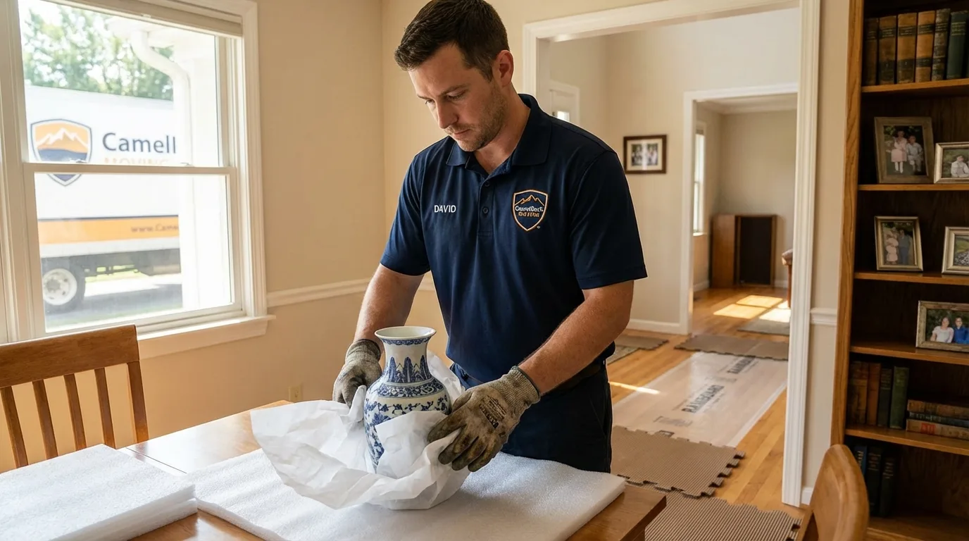 Professional crew carefully wrapping antique vase for senior downsizing move in West Valley City, UT